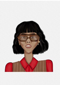 Ilustraci&oacute;n de mujer con cabello corto negro y lentes caf&eacute; luciendo un traje contempor&aacute;neo rojo con saco tejido 