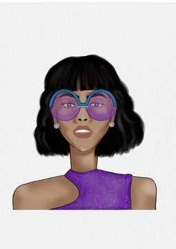 Ilustraci&oacute;n mujer cabello corto usando lentes redondos morados y azul