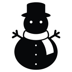 Simple black and white vector illustration of a festive snowman with hat and scarf