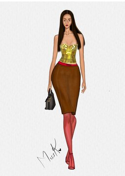 Ilustraci&oacute;n de mujer caminando con sensualidad luciendo corset de brillo dorado y una falda caf&eacute; con medias rojas transparente 