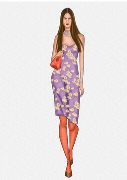 Ilustraci&oacute;n de mujer caminando luciendo un vestido de flores amarillas 