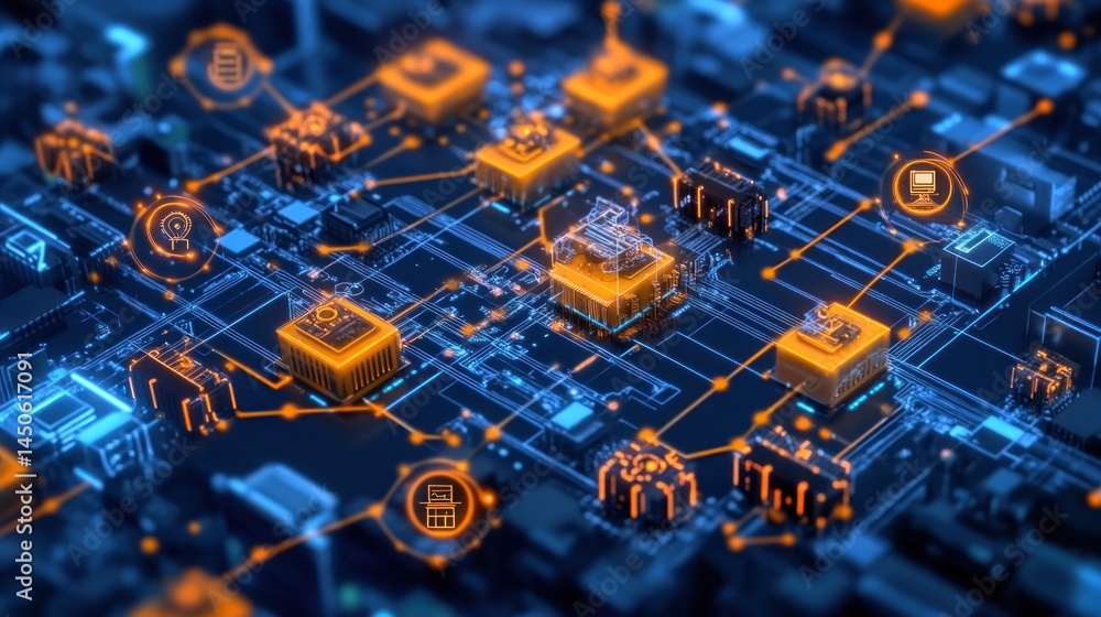 Poster abstract microchip network glowing circuits and connections