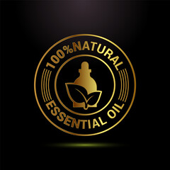 Essential oil icon design, 100 percent essential oil icon label sign in gold color style