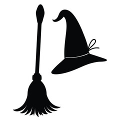 Silhouette illustration of a witch hat and broom perfect for halloween decorations and designs
