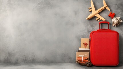 Travel Preparations: Red Suitcase, Gifts, and Airplane