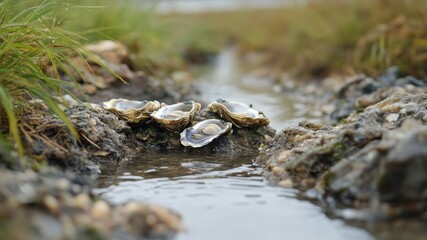 Obraz premium Fresh raw oysters sit by the waters edge.