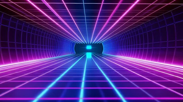 Neon tunnel journey: vibrant digital corridor with dynamic grid patterns and shifting lights