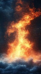 Fiery inferno rising from smoky base