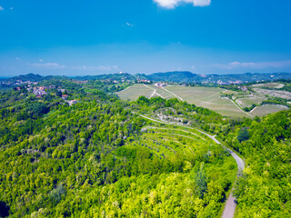Springtime aerial view by drone of the hills and vineyards surrounding the village of Gavi (Piedmont, Northern Italy); it is a famous wine area, where fine dry white wines are produced.
