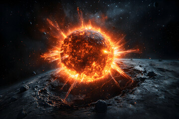 Obraz premium Cosmic explosion art depicting a fiery sun exploding near a planet's surface. Ideal for science fiction book covers or space-themed illustrations.