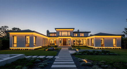Fototapeta premium Extravagant Modern Home With Landscape Lighting at Twilight Hour