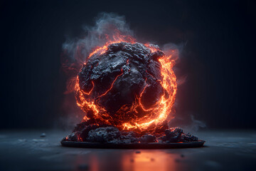 An ominous sphere of molten rock and fire radiates energy. Suggests cataclysmic events or transformative power for fantasy themes.