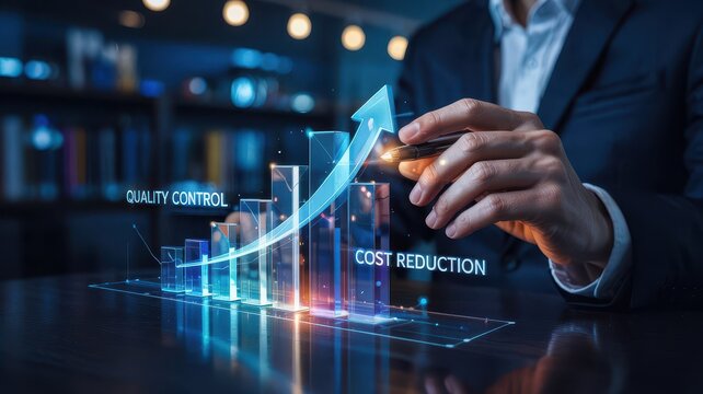 Businessperson interacting with graphical cost reduction and quality control charts.