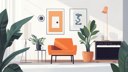 Modern interior design with plants and an orange chair.