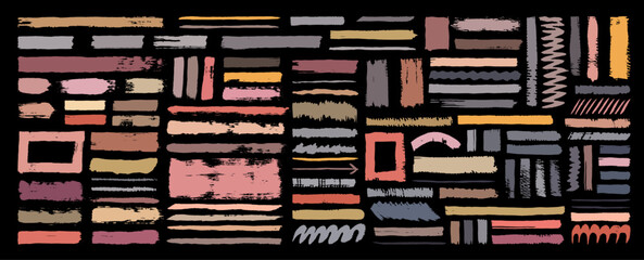 Colorful paint brush strokes element pack. Grunge highlighter template bundle. Artistic hand drawn rough strokes design. Freehand ink smudge painting doodle set.