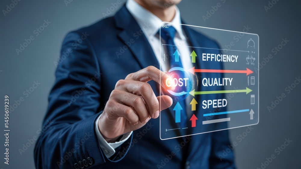 Poster businessman interacts with a transparent screen displaying performance metrics.