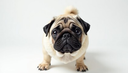 Obraz premium Solo pug, looking directly at camera, pure white backdrop, cute, fur