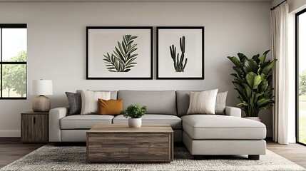Fototapeta premium Modern Living Room Interior Design with Gray Sofa, Botanical Art Prints, and Natural Elements for Home Decor.