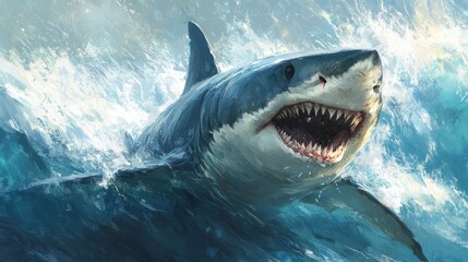 Fototapeta premium Great White Shark Leaping From Ocean Waves