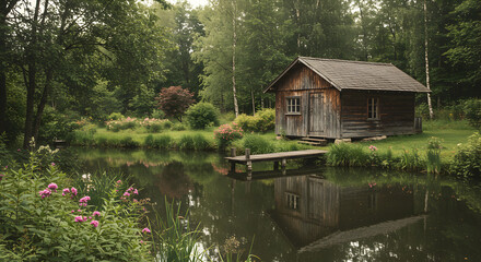 Obraz premium Wooden Cabin By the Lake Surrounded by Lush Vegetation and Tranquil Waters