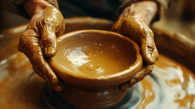 Hands shape wet clay into a smooth ceramic bowl on a pottery wheel during a crafting session in a workshop	