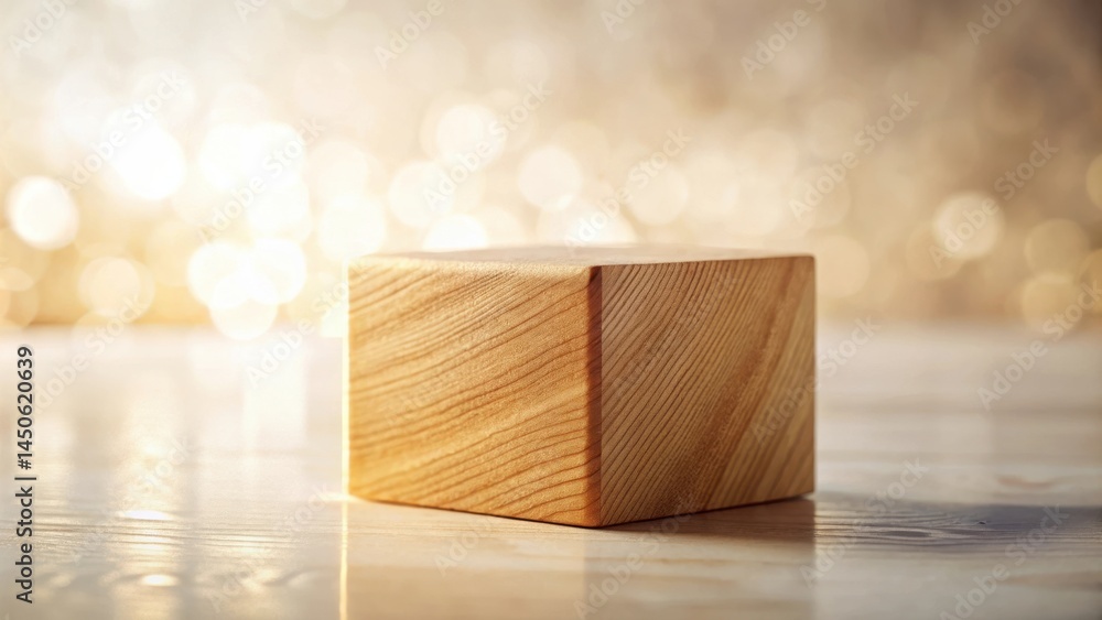 Poster a wooden block with a textured surface rests on a light-colored wooden tabletop, bathed in the warm 
