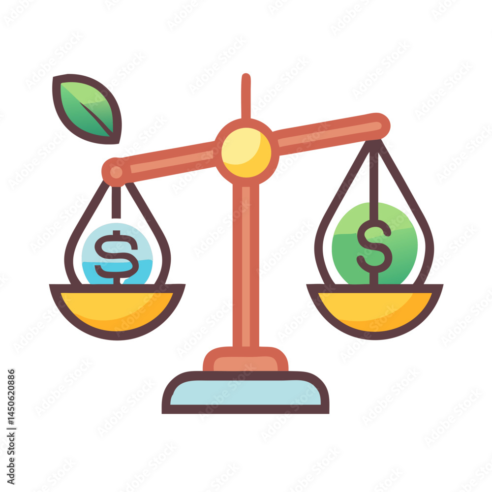 Poster scale with leaf and dollar representing ethical balance and sustainable business practices