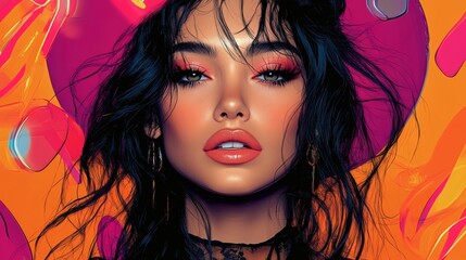 Attractive Woman with Glamorous Makeup Wearing Red Tinted Glasses, Surrounded by Neon Geometric Shapes, looking directly into the camera on a transparent background, PNG image, PNG file.