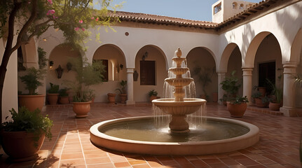 Obraz premium Tranquil Mediterranean Courtyard Oasis with Fountain and Terracotta Pots