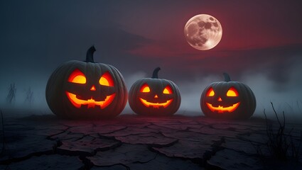 Three jack o lanterns glowing under a full moon on cracked ground in a spooky halloween night scene