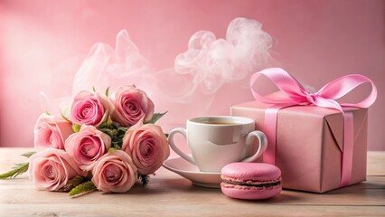 A pink gift box tied with a satin bow, a delicate bouquet of roses, a steaming cup of tea, and a sweet pink macaron on a wooden table create a lovely romantic scene.