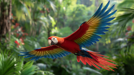 Colorful scarlet macaw flying through lush tropical jungle with vibrant wings spread wide