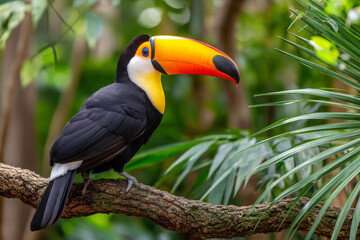Toucan with vibrant beak perched on tree branch in lush tropical rainforest setting