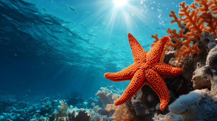 Bright orange starfish rests on coral reef under clear blue ocean with sun rays shining through