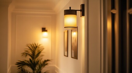 Warmly lit hallway with wall sconces and artwork.