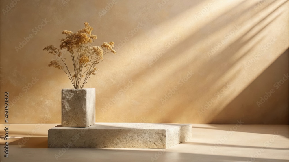 Leinwandbilder a minimalist display of dried flowers on a stone platform with sunlight streaming through a window