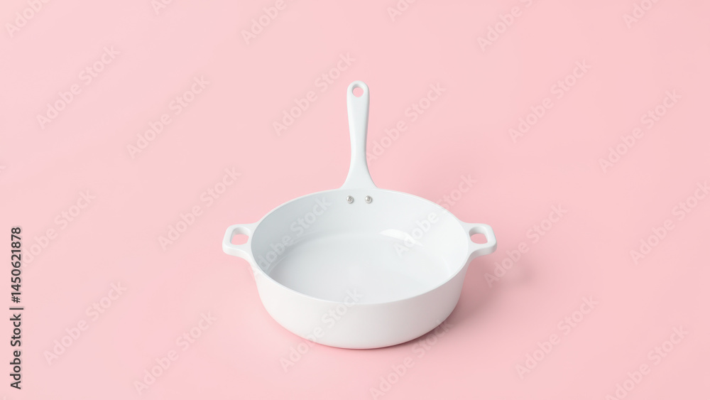 Poster a 3d rendering of a white skillet on a pink surface, showcasing its design from top and bottom persp