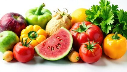 Variety of organic fruits and vegetables on white backdrop, unprocessed, raw