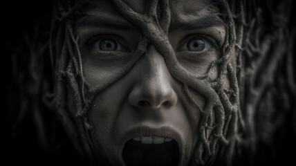 Woman with Tree Face Makeup Dark Fantasy Style — a detailed and modern 3D-style concept ideal for tech visuals, infographics, marketing materials, and futuristic digital presentations.