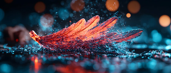 A captivating image of a water-like feather gracefully merging with liquid. Suggests fluidity elegance and motion. Suitable for artistic designs promoting creativity and abstraction.