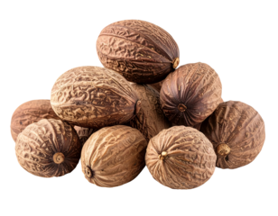 realistic photograph of a pile of whole nutmeg seeds on isolated background for spice and culinary use
