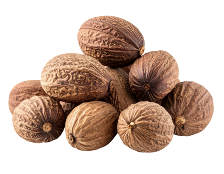 realistic photograph of a pile of whole nutmeg seeds on isolated background for spice and culinary use
