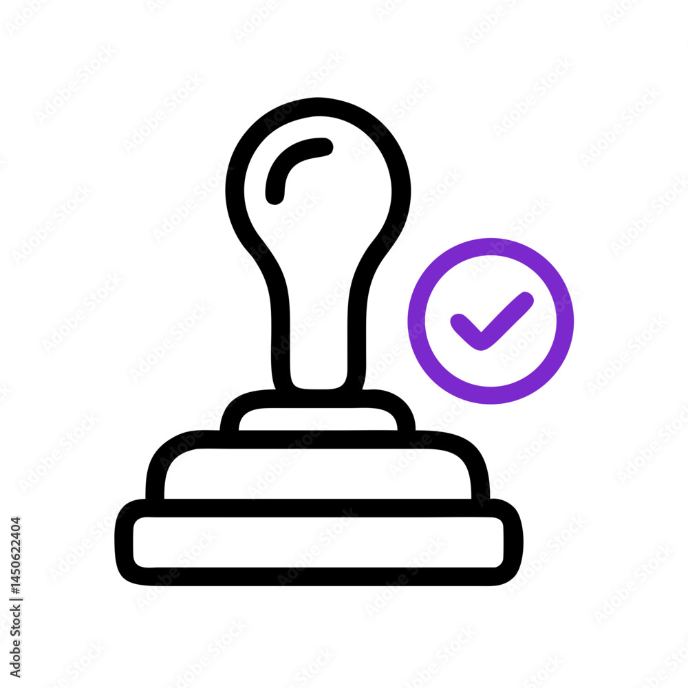 Poster stamp of approval with round mark icon representing certification and official validation