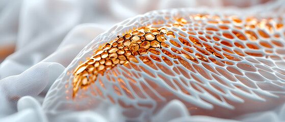 An abstract artwork featuring gold cells within a white lattice structure. Use for futuristic art projects or design work related to technology.