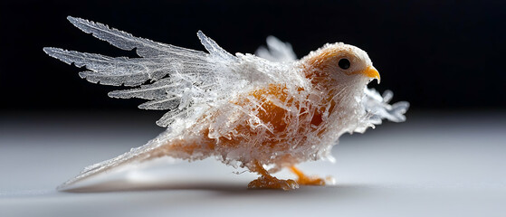 A beautiful frozen bird sculpture. This could be a unique art piece or used for marketing winter products or events. It evokes a sense of wonder.