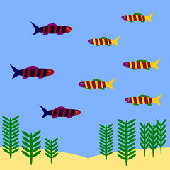 Fish swim in pond. Vector illustration.