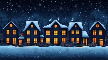 illustration of a winter night with snow and houses glowing with yellow lights