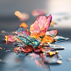 A colorful translucent flower appears to be floating on water. Its vibrant hues and reflective surface suggest delicate beauty. It's a perfect abstract art print