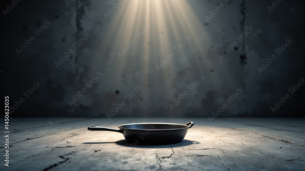 Poster a close-up view of a frying pan sitting on an old wooden surface with a contrasting light background