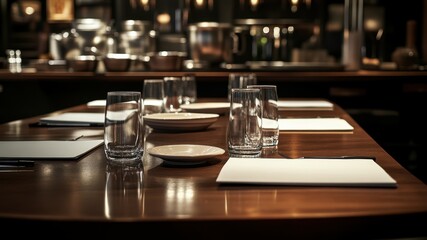 Obraz premium Restaurant table setting with plates and glasses